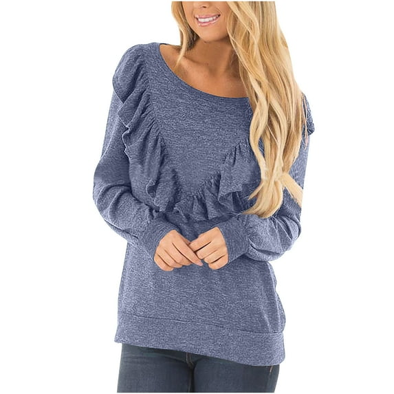 Ladies Ruffled Tops Long Sleeve Round Neck Casual Loose Trendy Spring Fall Solid Color Pullover Shirts Blue,XL