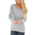 thumbnail image 1 of Ladies Ruffled Tops Long Sleeve Round Neck Casual Loose Trendy Spring Fall Solid Color Pullover Shirts Gray,L, 1 of 6