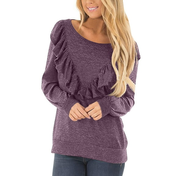 Ladies Ruffled Tops Long Sleeve Round Neck Casual Loose Trendy Spring Fall Solid Color Pullover Shirts Purple,XL