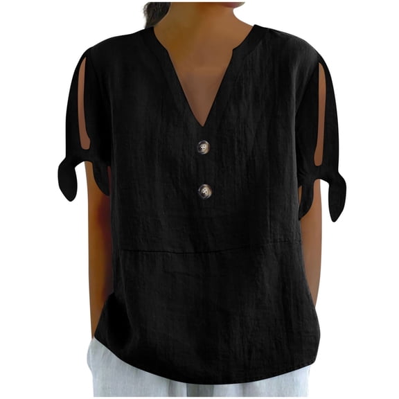 Linen Tee Shirts for Women Henley Neck Tee Short Sleeve Tops Lace-Up Adjustable Tunic Blouses Loose Fitted Dressy Shirts Plain Classic T-Shirt Light Breathable Beach Holiday Tees