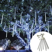 Deals！Loyerfyivos Meteor Shower Lights,11.8inches 8Tubes 192 LED Christmas Meteor Lights Snowfall Lights for Outdoor Decoration, Waterproof Falling Rain Drop Lights for Garden Tree Party Holiday-White