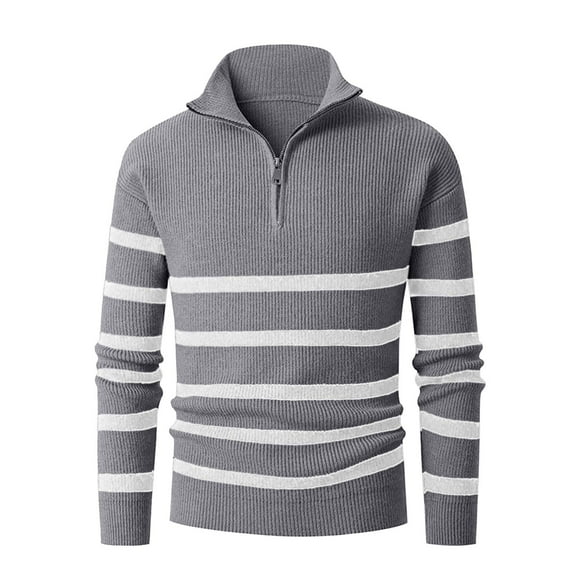 Mens 1/4 Zip Pullover Soft Knit Striped Sweaters for Men Stylish Quarter Zip Sweatshirts Stand/Lapel Collar Tops (M, Gray)