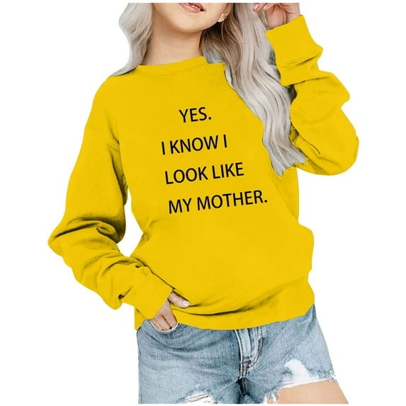 Deals Mwjwdo Child's Sweatshirt Tops 2025 Fashion Printed Words Crew Neck Pullover Solid Loose Fits Teen Girls Hoodie 1-12 Years Yellow 9 Years