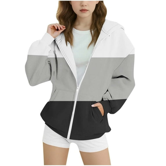 Deals Mwjwdo Fall Clothes for Girls Zip Up Long Sleeve Hooded Sweatshirts with Pocket Drawstring Color Block Hoodies Gray 4-5Years