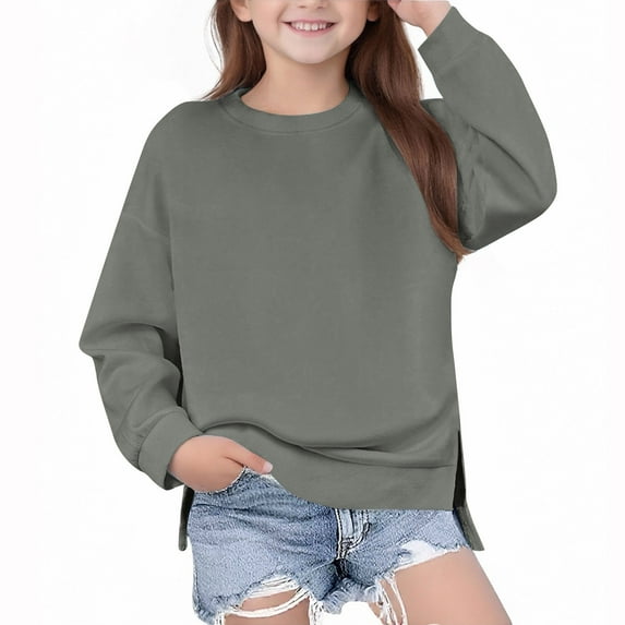 Mwjwdo Girl's Sweatshirt Crewneck Fleece Pullover Fashion Long Sleeve Shirts Side Slit Irregular Hem Tops Fall Clothes Gray 13 Years