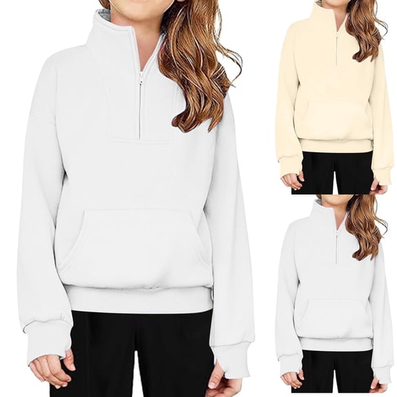 Mwjwdo Girls Half Zip Sweatshirt Fleece Quarter Zip Pullover Sweatshirts Fall Clothes for Teen Girls Thumb Hole Khaki 120