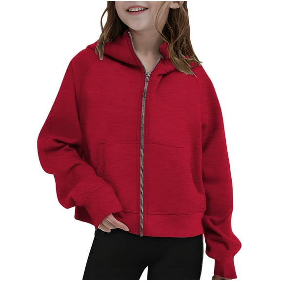 Mwjwdo Girls Hooded Sweatshirts Casual Long Sleeve Zipper Open Front Hoodies Jacket Tops Teens Girls Clothes with Pockets Red 140