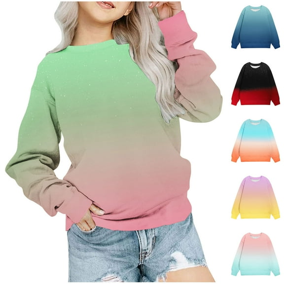 Mwjwdo Girls Long Sleeve Crewneck Sweatshirts Fall Fashion Gradient Pullover Tops Fleece Sweater Cute Preppy Outfits Blue 2 Years