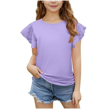 Deals Mwjwdo Girls Ruffle Sleeve Shirts Summer Crewneck Eyelet Tee Tops Casual Cute Blouse 3-14 Years Children's Shirts Purple 5 Years