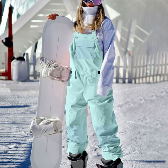 Deals New Color-blocked Ski Pants Windproof Winter Warm Breathable Couple Models Ski Pants Jumpsuit Pants Blue