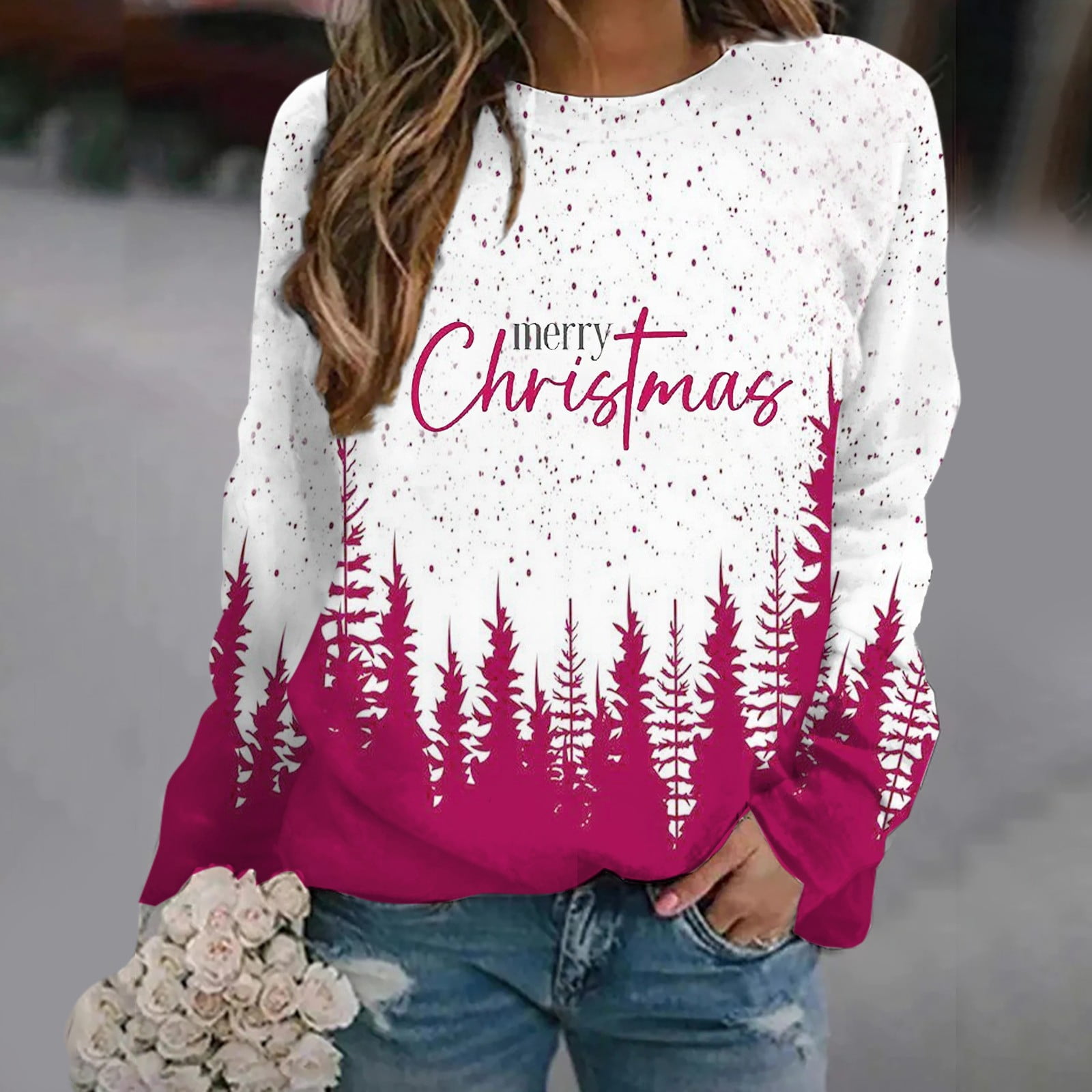 Navy Fleece Hooded Long Sleeves Printed Women Christmas Coat