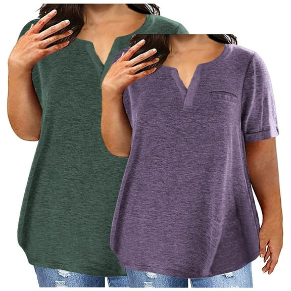 Stylish Olyvenn 2 Pack Plus Size Tops for Women V Neck Short Sleeve Tunic Shirts Summer Blouse Shirts Loose Fit Soft Cozy Pullover Tshirts Purple XXXL