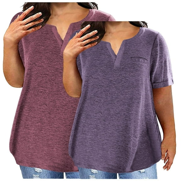 Stylish Olyvenn 2 Pack Plus Size Tops for Women V-Neck Casual Loose Summer Short Sleeve Shirts Solid Blouse Hide Belly Tunics Purple XXXL