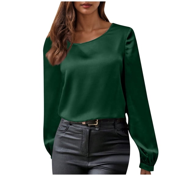 Stylish Olyvenn Fall Women Tops Puff Long Sleeve Chiffon Work Blouses Dressy Casual Crewneck Flowy Shirts Tees Tunics Green S