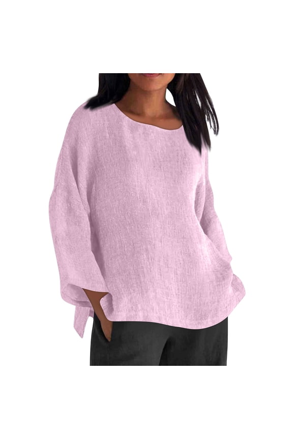 Stylish Olyvenn 3/4 Length Sleeve Womens Tops Fall Crewneck Going Out Blouse Cotton Linen Casual Three Quarter Sleeve Shirts Pink M
