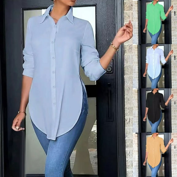 Stylish Olyvenn Button Down Shirts for Women Long Sleeve Oversized Boyfriend Shirts Cotton Wrinkle Free Work Blouses Light Blue XXL