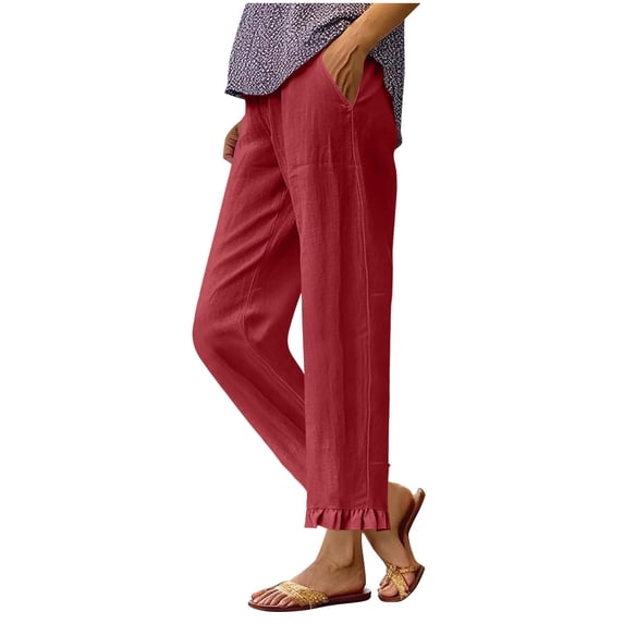 Stylish Olyvenn Cotton Linen Pants Women Elastic High Waisted Straight Leg Lounge Pants Casual Slacks Summer Trousers with Pockets Red M