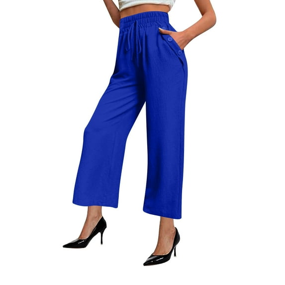 Stylish Olyvenn Cotton Linen Wide Leg Pants Women Casual Palazzo High Waist Flowy Trousers Lounge Summer Drawstring Pant with Pockets Blue S