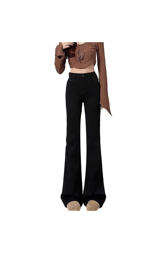 Stylish Olyvenn Girl's Casual High Waist Solid Denim Pants Stretchy Flare Leg Jeans with Pocket Fall Fashion Straight Leg Jeans Black XL