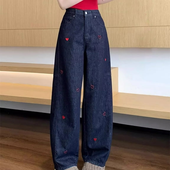 Stylish Olyvenn Girls Wide Leg Jeans Baggy Heart Embroidery Elastic High Waist Denim Pants Vintage Y2k Streetwear Athletic Teen Clothes Blue XXXL