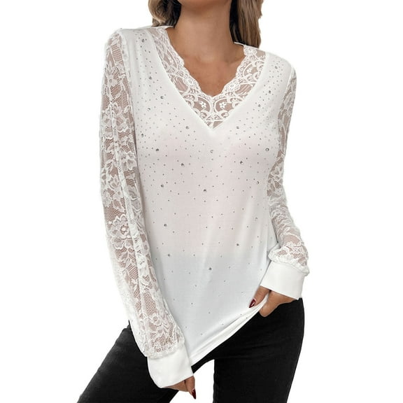 Stylish Olyvenn Lace V Neck Tops for Women Sparkle Rhinestones Dressy Slim Fitted Elegant Blouse Long Sleeve Business Casual Shirts White M