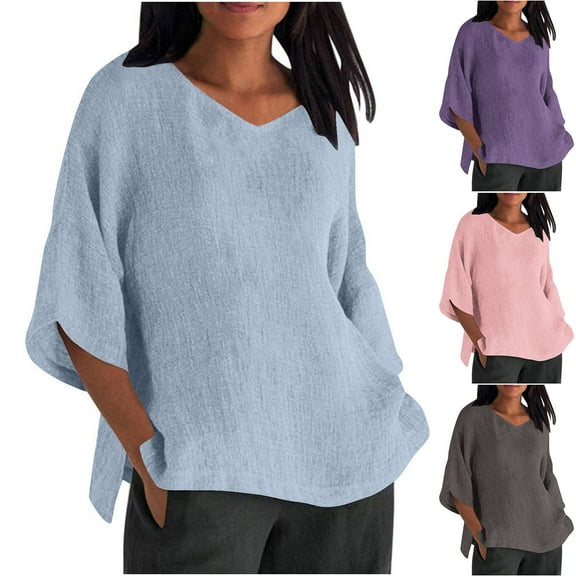 Stylish Olyvenn Ladies 3/4 Sleeve Tshirts Loose Fit Tee Tops for Women V Neck Linen Plain Fall Summer Shirts Fashion Dark Gray L