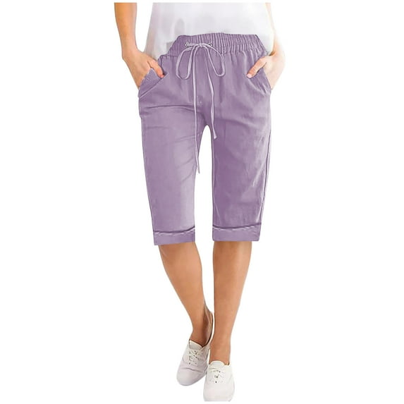 Stylish Olyvenn Linen Bermuda Shorts for Women Summer Casual Drawstring Elastic Waist Beach Vacation Knee Length Long Shorts Purple S