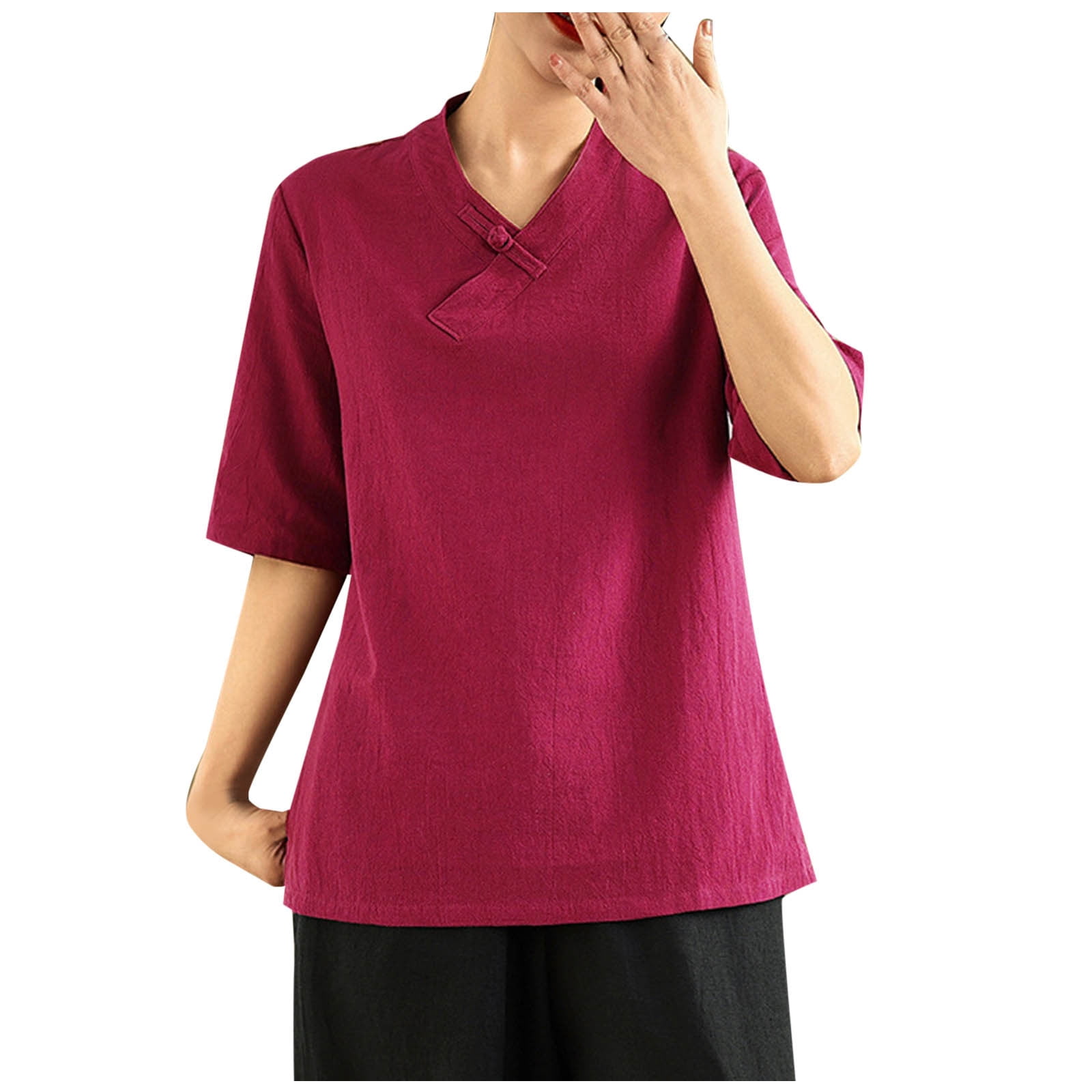 Stylish Olyvenn Linen Shirts for Women Trendy V Neck Half Sleeve Tunic ...