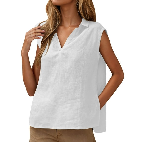 Stylish Olyvenn Linen Tank Tops for Women Cotton Sleeveless Lapel V Neck Tanks Top Side Slit Casual Loose Fit Basic Summer Tees Shirts White XXL