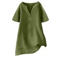 thumbnail image 1 of Stylish Olyvenn Linen Tops for Women Trendy Short Sleeve V Neck Shirts Basic Casual V Neck Tunic Blouse Oversized Summer Tshirts Army Green L, 1 of 6