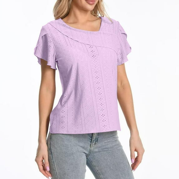 Stylish Olyvenn Petal Short Sleeve Eyelet Tops for Women Dressy Casual Summer Trendy Collar V Neck Tee Shirts Ladies Elegant Blouses Purple S