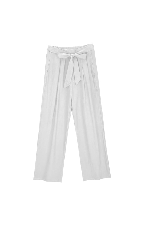Stylish Olyvenn Plus Size Cotton Linen Capri Pants for Women Summer Casual Wide Leg Drawstring Elastic Waist Trouser White S