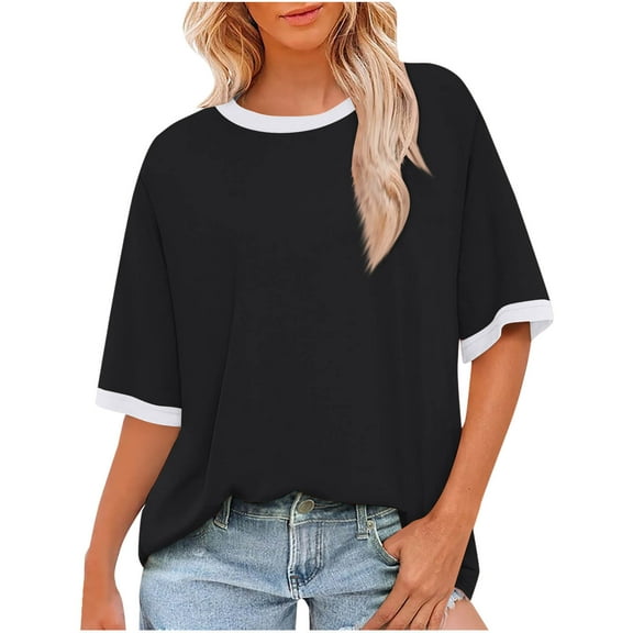 Stylish Olyvenn Plus Size Summer Tops for Women Short Sleeve Shirts Dressy Casual Crew Neck Tshirts Color Block Fashion Tees Black XL