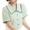 thumbnail image 1 of Stylish Olyvenn Puff Short Sleeve Cotton Linen Blouse for Women's Collared Summer Fashion Casual Work Button Down Shirt Tops Green M, 1 of 9