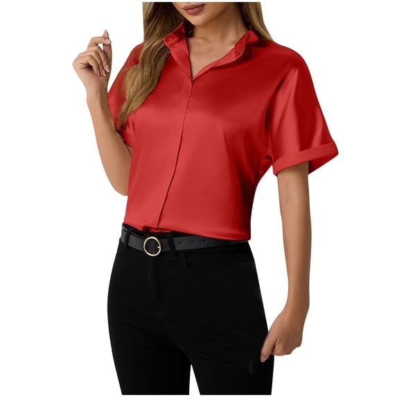 Stylish Olyvenn Satin Blouses for Women Button Down Silk Shirts Batwing Sleeve Top Elegant Summer Office Work Shirt Red S