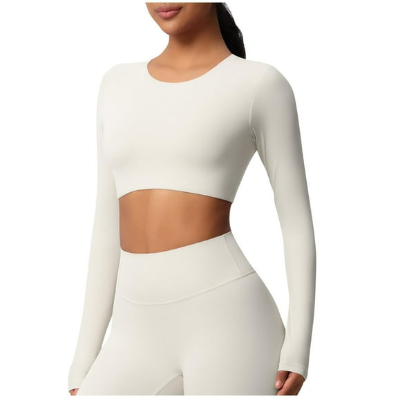Stylish Olyvenn Seamless Long Sleeve Crop Gym Shirts for Women Quick Dry Crew Neck Workout Yoga Tops Casual Women Shirt White M
