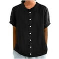 thumbnail image 1 of Stylish Olyvenn Short Sleeve Linen Shirts Women's Cotton Linen Button Ruffled Shirts Summer Loose Stand Collar Casual Boho Tops Black L, 1 of 6