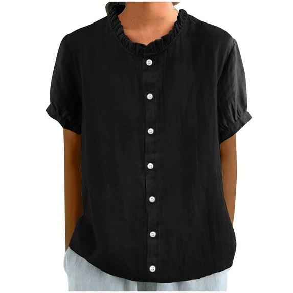Stylish Olyvenn Short Sleeve Linen Shirts Women's Cotton Linen Button Ruffled Shirts Summer Loose Stand Collar Casual Boho Tops Black L