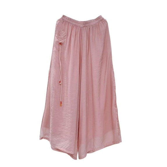 Stylish Olyvenn Summer Wide Leg Pants for Women Casual Fashion Vintage Elastic Waist Trousers Solid Color Loose Fit Comfy Beach Pant Pink XL