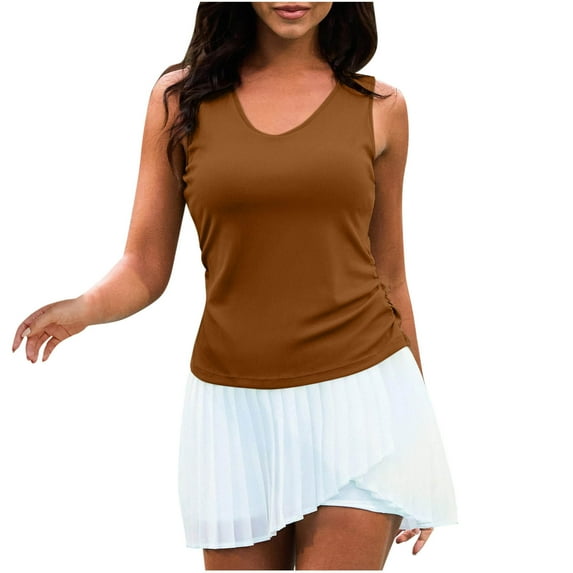 Stylish Olyvenn Tank Top with Built in Bra for Women Casual Summer Sleeveless Tops Slim Fitted V Neck Ruched Cami Shirts Brown M