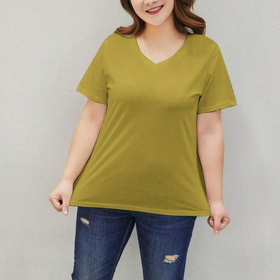 Stylish Olyvenn V Neck T Shirt for Women Plus Size, Short Sleeve Solid Color Loose Casual Tops Summer Basic Tees Yellow XXXXL