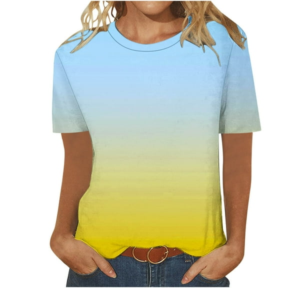 Stylish Olyvenn Wicked Short Sleeve Shirt Women Color Block Trendy Graphic Tops Gradient Shirt Fashion Streetwear Outfits Light Blue S
