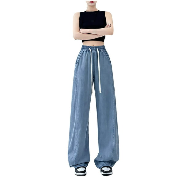 Stylish Olyvenn Women Baggy Jeans Elastic Drawstring High Waisted Straight Wide Leg Trousers Loose Comfy Denim Pants with Pockets Light Blue XL