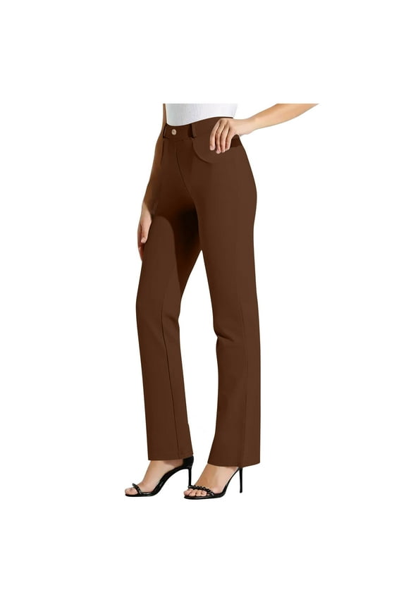 Stylish Olyvenn Women High Waist Wide Straight Leg Trousers Casual Slacks Dress Pants Comfortable Business Office Pant with Pockets Coffee XL