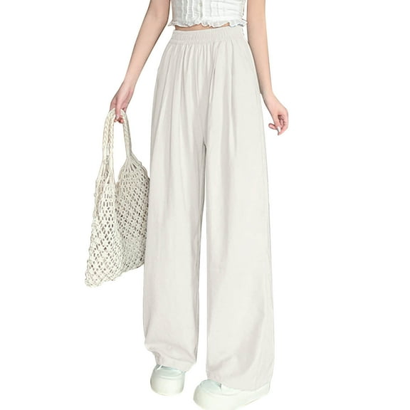 Stylish Olyvenn Women Sweet Silk Pants Baggy All-Match Elastic Waist Straight Leg Wide Leg Trousers Fall Thin Casual Comfy Long Pants White S