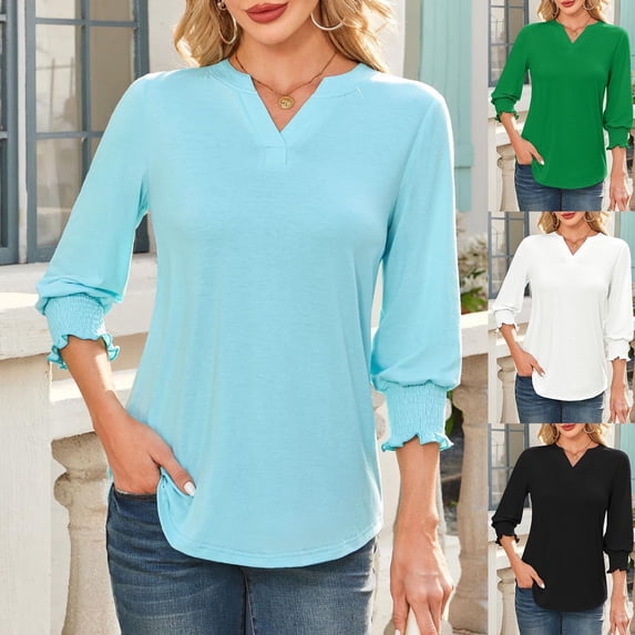 Stylish Olyvenn Women's 3/4 Sleeve V Neck Shirt Top Summer Casual Pleated Blouse Lightweight Comfy Loose Trendy Basic Pullover Black M