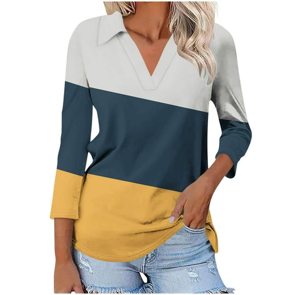 Stylish Olyvenn Women's 3/4 Sleeves V Neck Button Collared Shirts Basic Cute Tunic Tees Dressy Casual Color Block Tops Blouses Work Shirts Navy 20-22