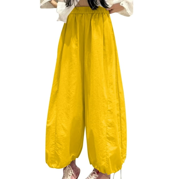Stylish Olyvenn Women's Baggy Harem Pants Summer Casual Elastic High Waist Wide Leg Pant Beach Travel Vacation Clothes with Pockets Yellow S