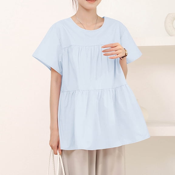 Stylish Olyvenn Women's Casual Ruffled Blouse Shirts Short Sleeve Peplun Babydoll Tops Crewneck Loose Tops Blouses Tunics Light Blue M