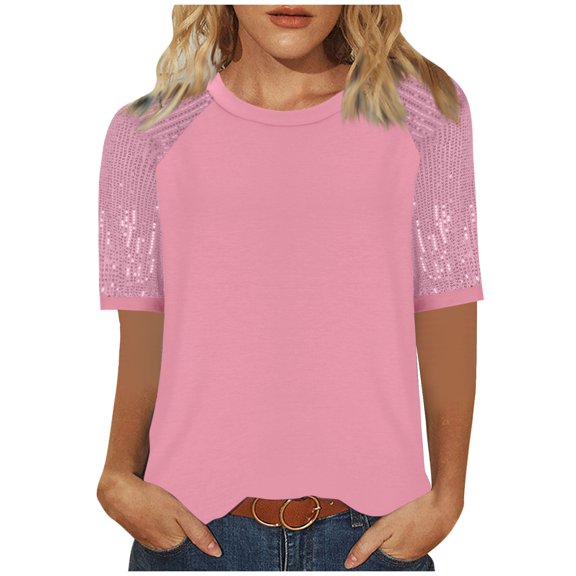 Stylish Olyvenn Women's Casual T-Shirt Crewneck Sequin Short Raglan Sleeve Patchwork Tops Summer Trendy Casual Blouse Pink L
